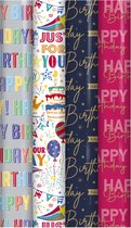 Happy Birthday cadeaupapier - Verjaardag inpakpapier voor kinderen - 300 x 70 cm - 4 rollen