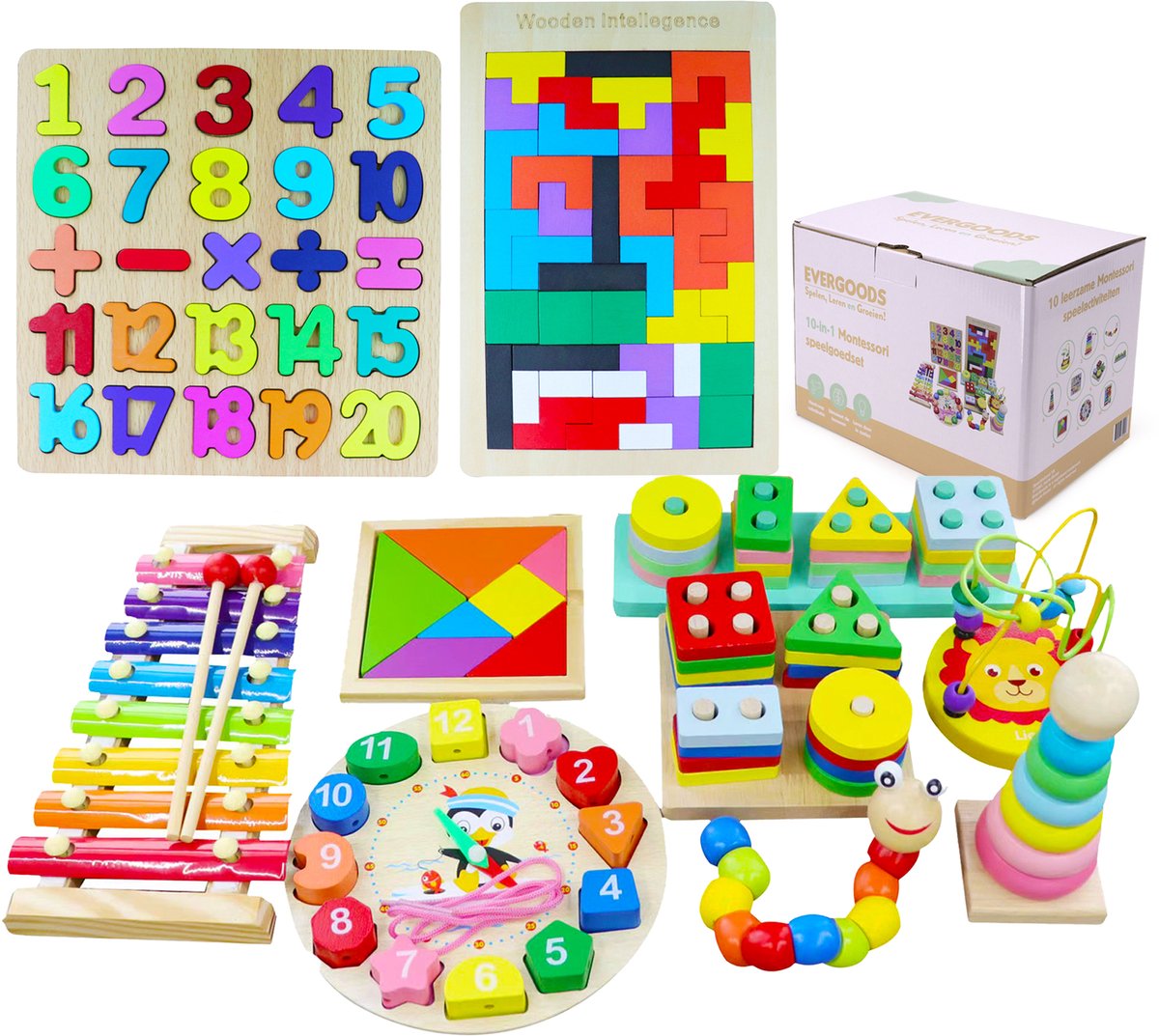 EverGoods 10- in 1 Montessori Speelgoed Set - Educatief Speelgoed - Sensorisch Speelgoed - Houten blokken