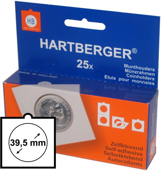 Hartberger Munthouders zelfklevend 39,5 mm (25 stuks) - Made in Holland - helder wit karton - munten - medaille - coins - verzamelen