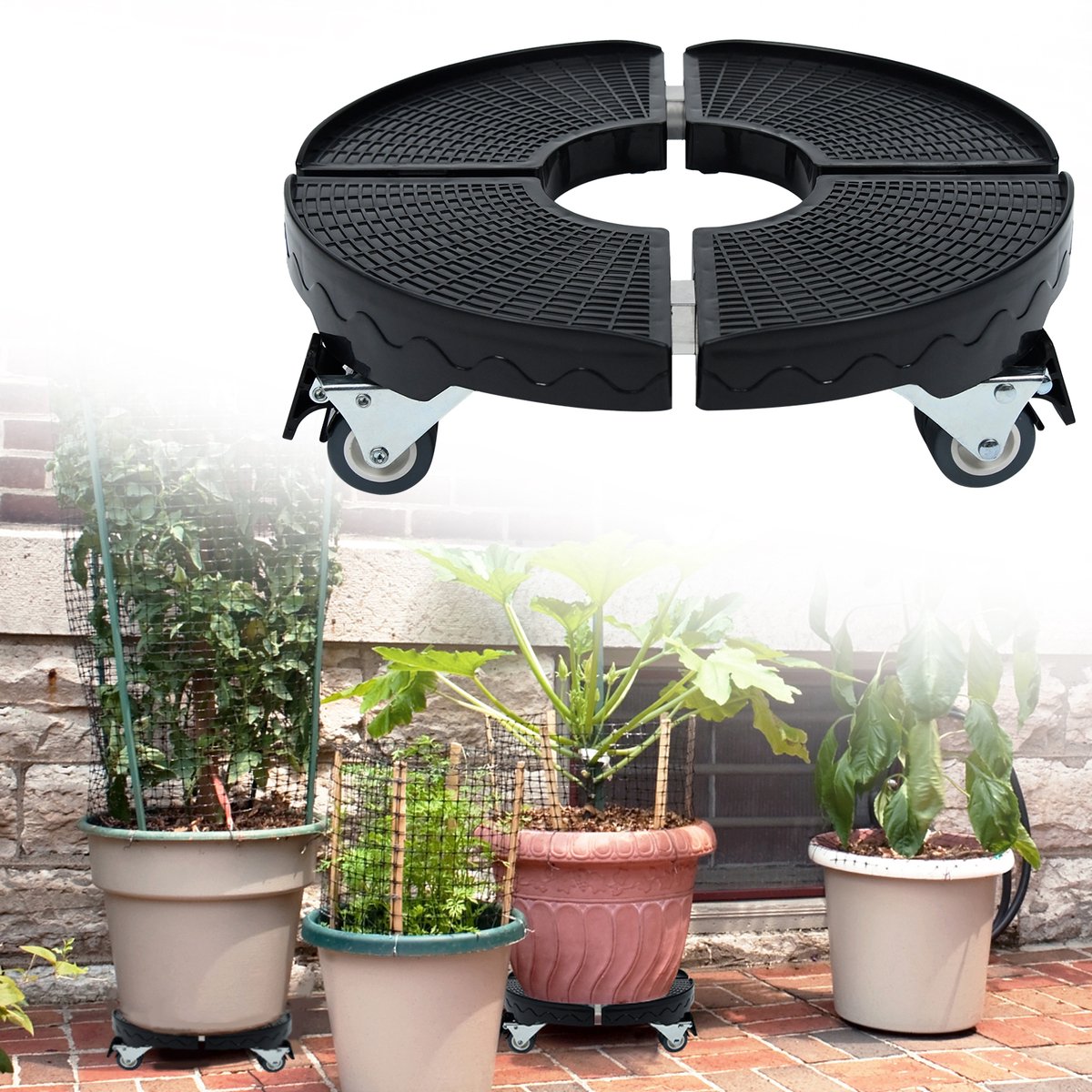 Plant Caddy met Wielen, Pasbaar 39-52 cm Rollende Plantenkast, 360° Draaibare Wielen, Anti-Slip Plaat, 300 kg Laadvermogen, Binnen- en Buitentuin Plantentrolley - Zwart