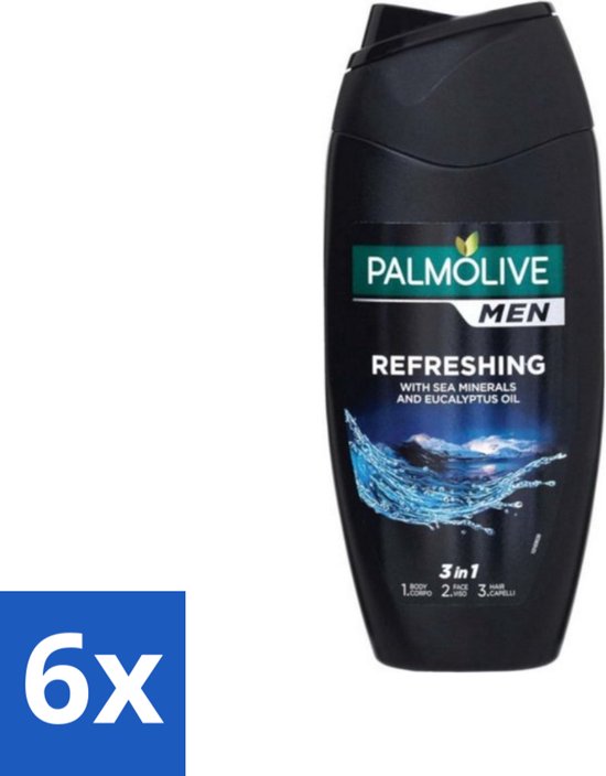 Palmolive Men 3-in-1 Body Face Hair Refreshing Etherische Eucalyptusolie Zeezoutextract 250 ml - Voordeelverpakking - 6 stuks