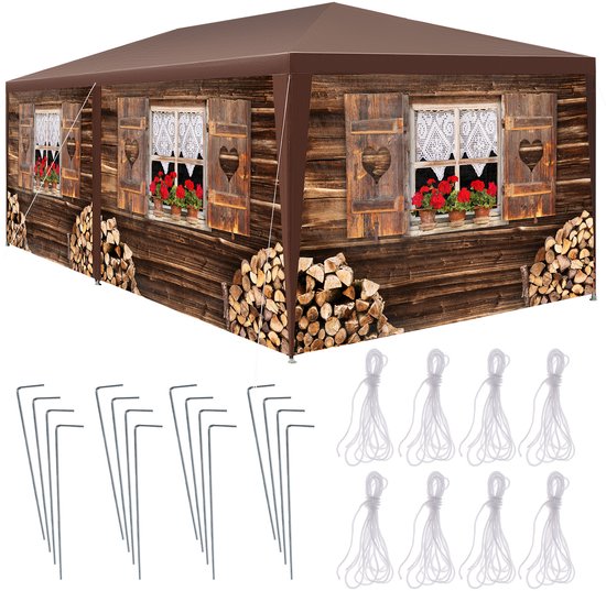 Tente de réception tectake® Almchalet - Pavillon style chalet alpin - 6 x 3 m - Tente après-ski - Bâche imperméable avec 6 panneaux latéraux amovibles - Pavillon de jardin résistant aux intempéries - Cordons de haubanage et piquets inclus