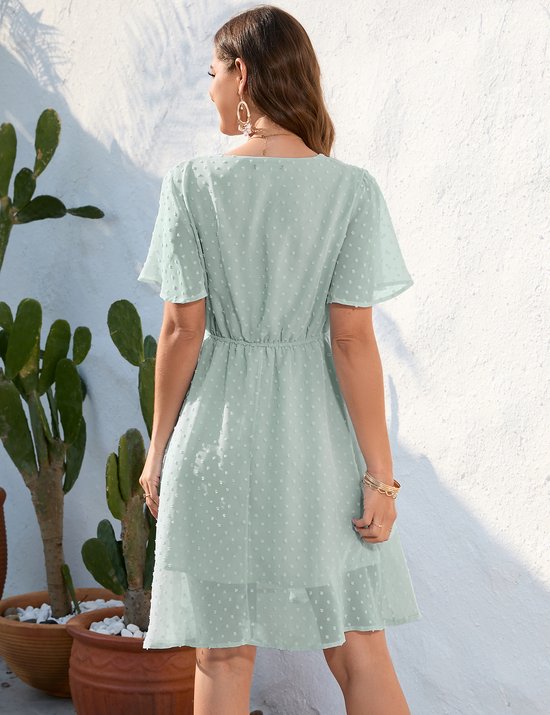 KOJOOIN Zomerjurk voor dames, met ruches, mouwen, V-hals, casual, swing KOJOOIN Zomerjurk voor dames, met ruches, mouwen, V-hals, casual, swing