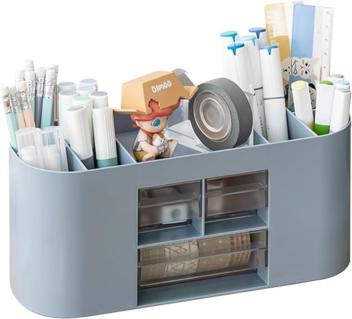Famanu - Pennenhouder, opbergdoos, bureau-organizer, 10 vakken, grote capaciteit, dubbellaagse transparante lade, kan potloden, kleurpotloden, verschillende schrijfwaren bevatten, blauw