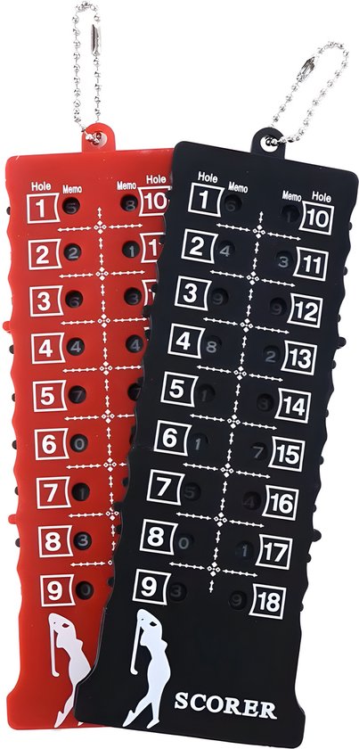 Rode en zwarte golf scoretellers met witte cijfers van 1 tot 18, met kettingen, op witte achtergrond.