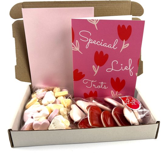 Brievenbus cadeau speciaal lief trots snoepdoos met Haribo schuim lovers en snoep hartjes