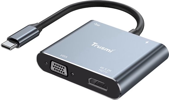 Grijze Trusmi USB-C adapter met VGA- en HDMI-poort (4Kx2K), schuin perspectief.