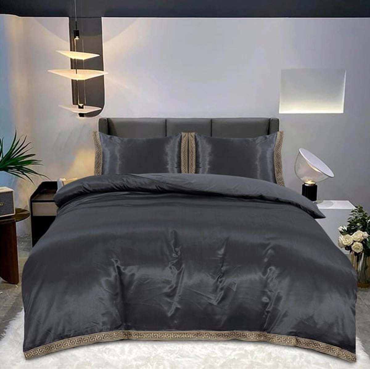 Beauty Silk Dekbedovertrek Satijn Lace Grijs 240x200/220 cm + 2 kussenslopen