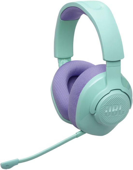 Casque de jeu vert menthe avec oreillettes violettes et microphone détachable.