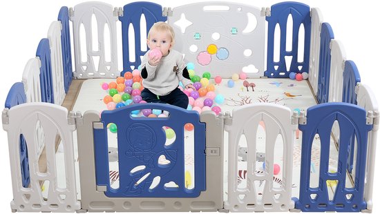COSTWAY Opvouwbare Baby Grondbox 16 Panelen, Kinderen Veiligheid Speelruimte Activiteitencentrum Met Leuk Geel Eend Patroon Deur Met Veiligheidsslot Onderwijsspeelgoed Draagbaar Binnen Openlucht S