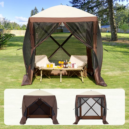 Gazebo-Tent, Luifel Met Vier Zijden, Opvouwbaar Met Verwijderbare Privacywanden En Gaasramen, 182x182 cm Snel Te Monteren Privacytent Met Klamboe, Bruin — afbeelding 3