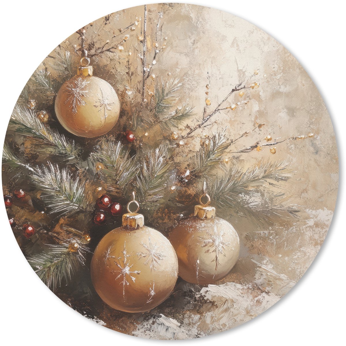 Muismat rond 20x20 cm - Mousepad Kerst - Kerstballen - Beige - Goud - Ronde muismatten
