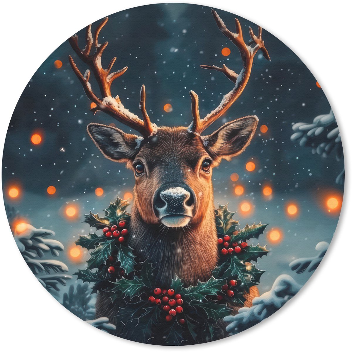 Muismat rond 30x30 cm - Mousepad Hert - Kerst - Winter - Sneeuw - Kerstkrans - Ronde muismatten
