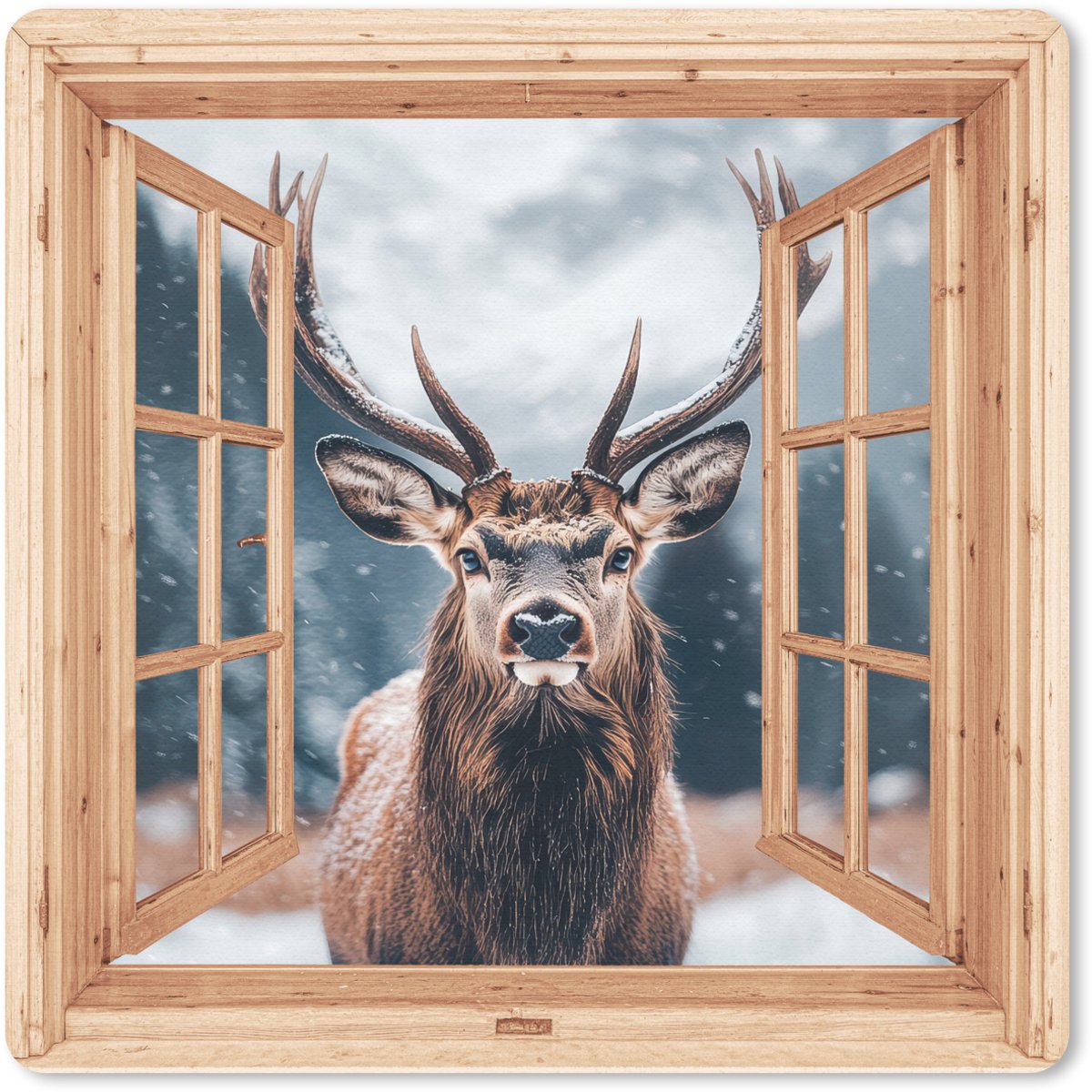 Muismat 30x30 cm - Mousepad Doorkijk - Hert - Dieren - Winterlandschap - Sneeuw - Muismatten