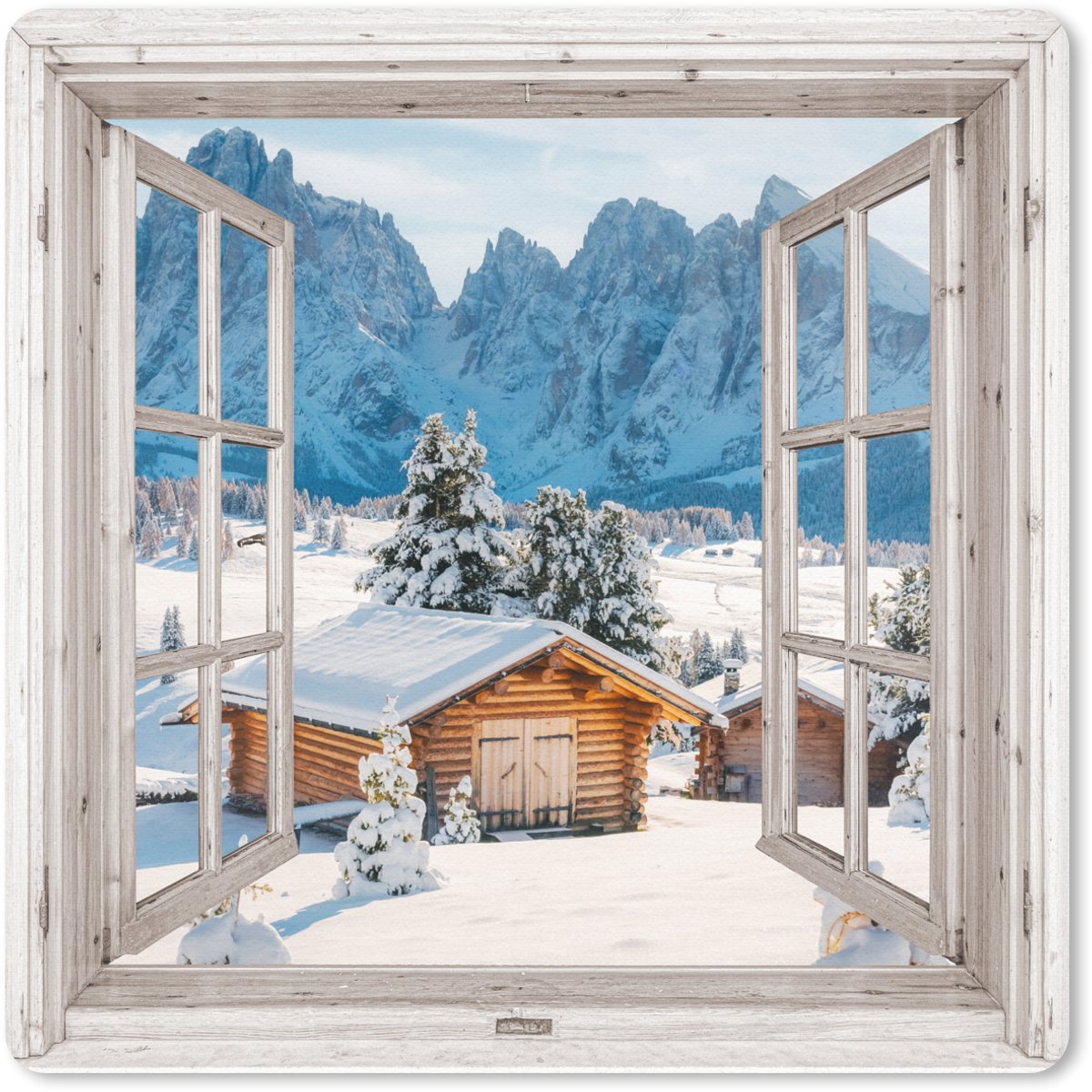 Muismat 20x20 cm - Mousepad Winterlandschap - Huisje - Bergen - Uitzicht - Doorkijk - Natuur - Muismatten
