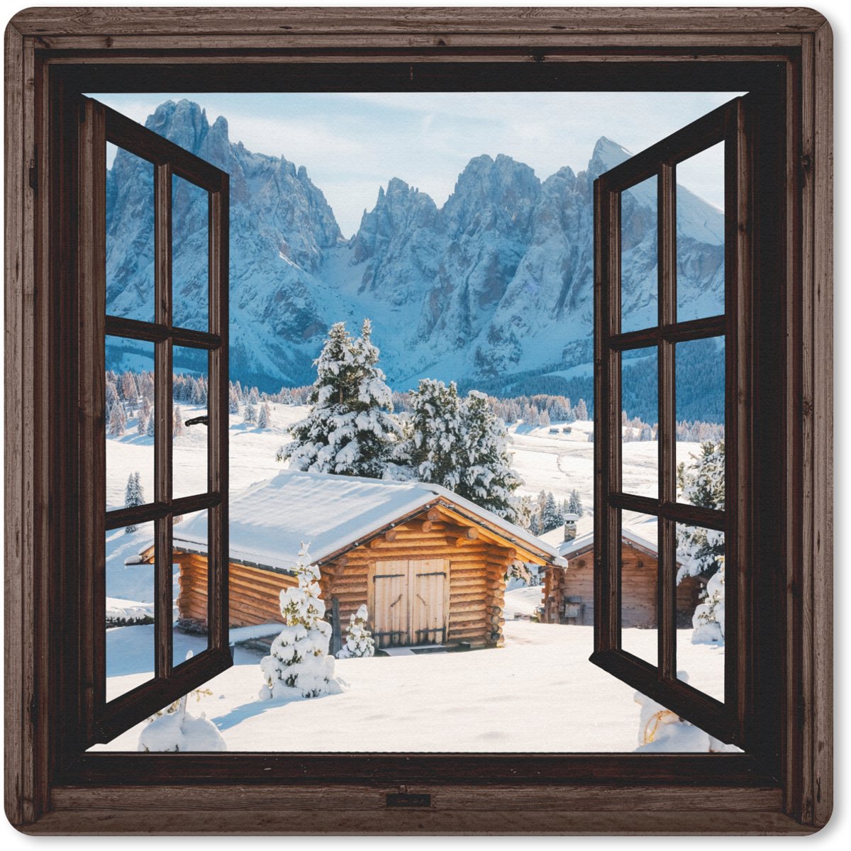 Muismat 20x20 cm - Mousepad Doorkijk - Winter - Landschap - Huisje - Bergen - Muismatten