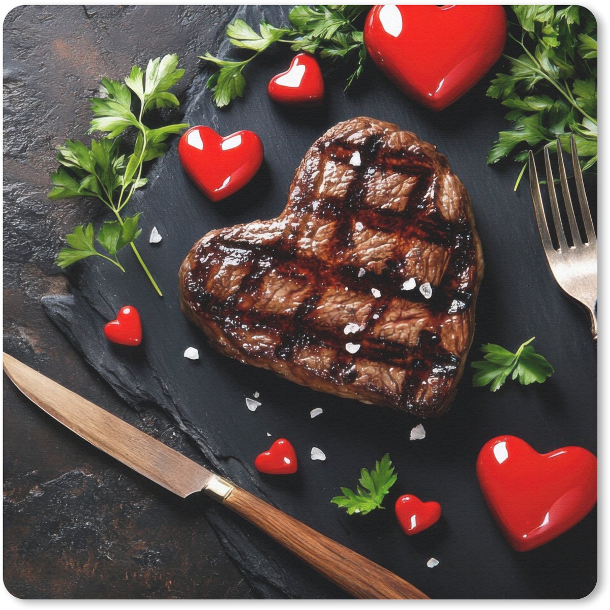 Muismat 20x20 cm - Mousepad Steak - Hart - Bestek - Muismatten