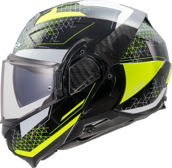 Casque modulable noir avec motifs graphiques jaunes et blancs, visière transparente.