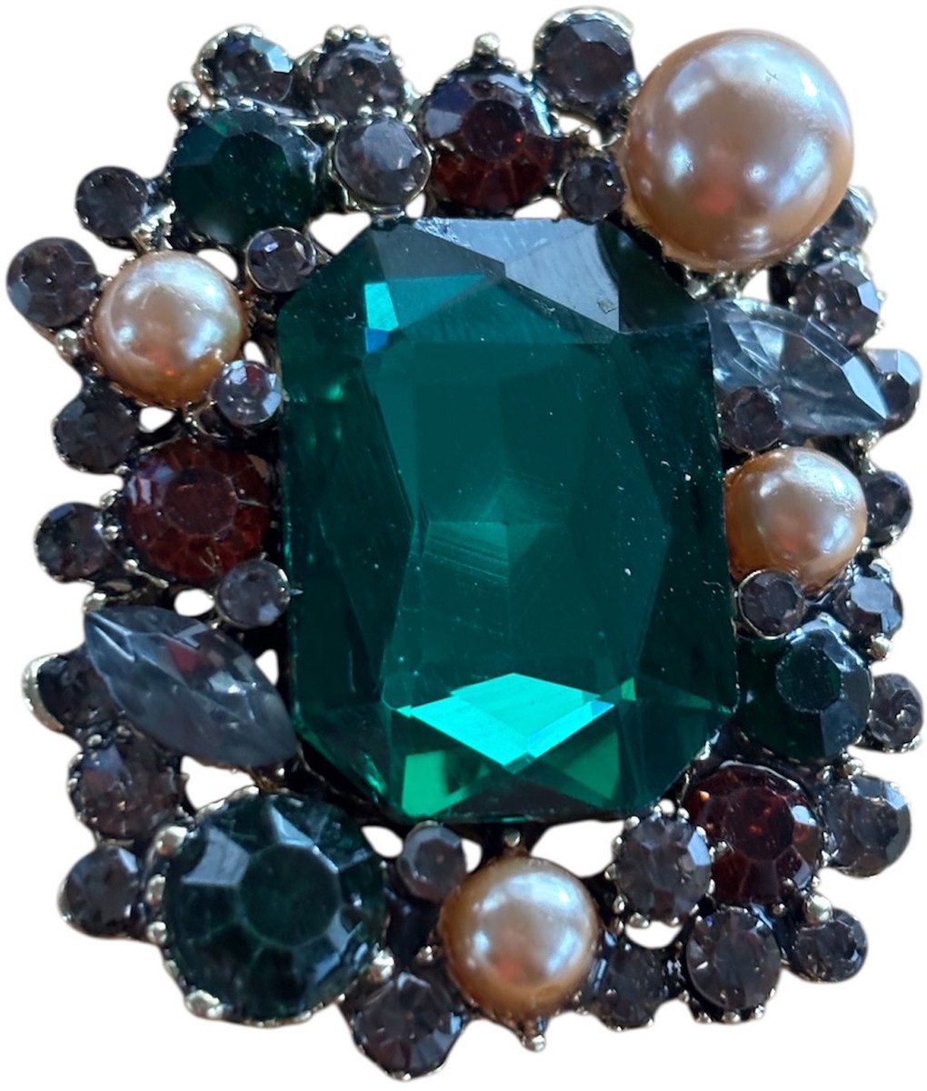 Broche Retro Groen/Rood met imitatie parel ( Goudkleurig ) 4.7 x 4.0 cm