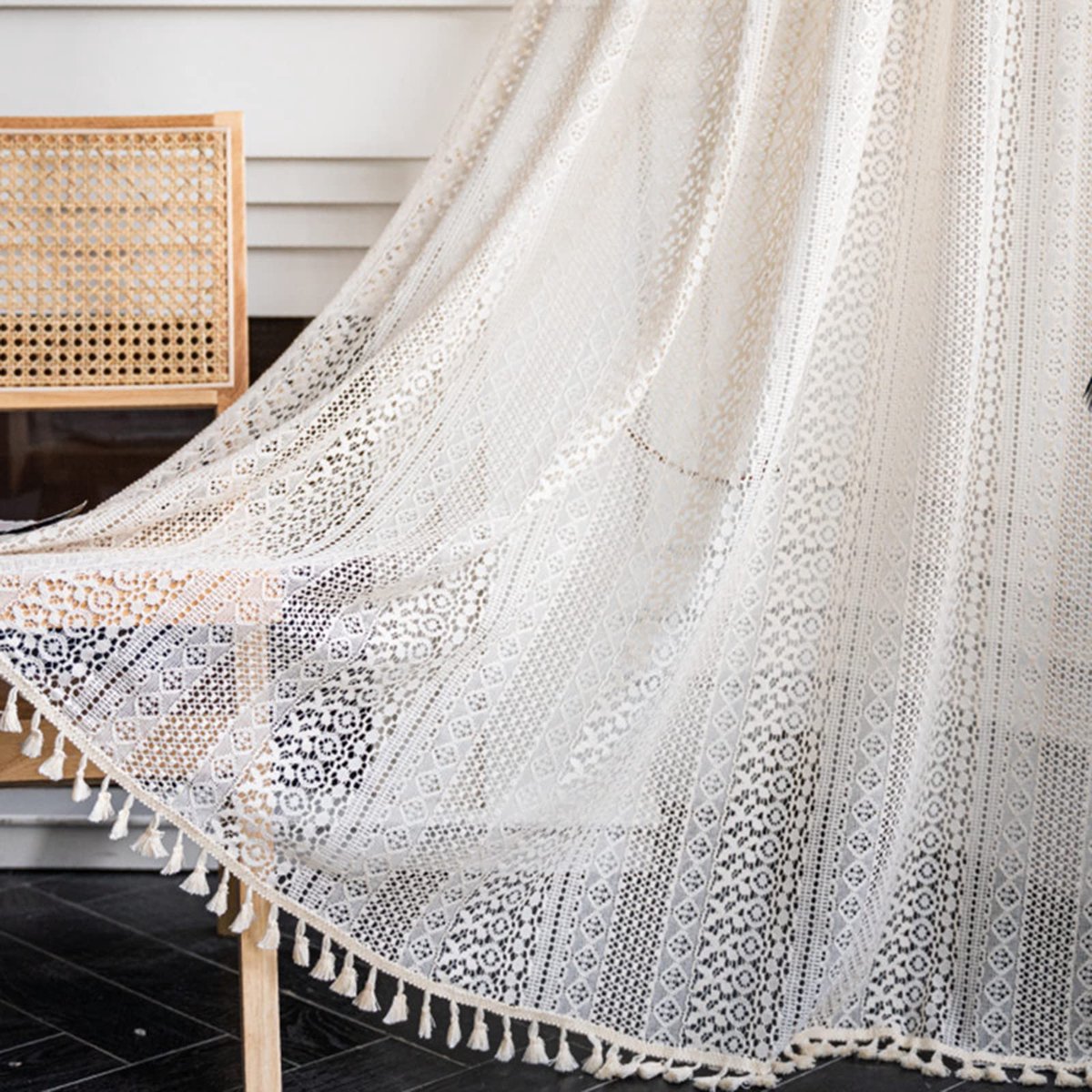 Ibenzoa Vintage Landelijke Stijl, Gehaakt, Gebreid, Boheemse Gordijnen, Holle Gordijnen Met Kwastjes, Set Van 2, Outdoor, Katoenen Gordijnen Voor Woonkamer, Slaapkamer, 150 X 160 Cm, Beige