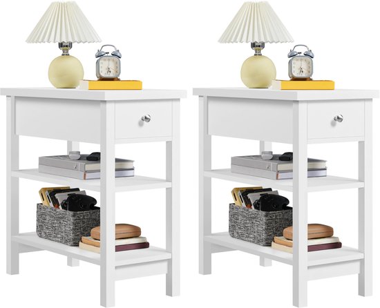 Table de chevet, blanche, lot de 2, table de chevet, table de chevet en MDF, table d'appoint à 3 niveaux avec 2 étagères et tiroir, table de téléphone moderne, table de couloir, table basse pour salon, chambre à coucher