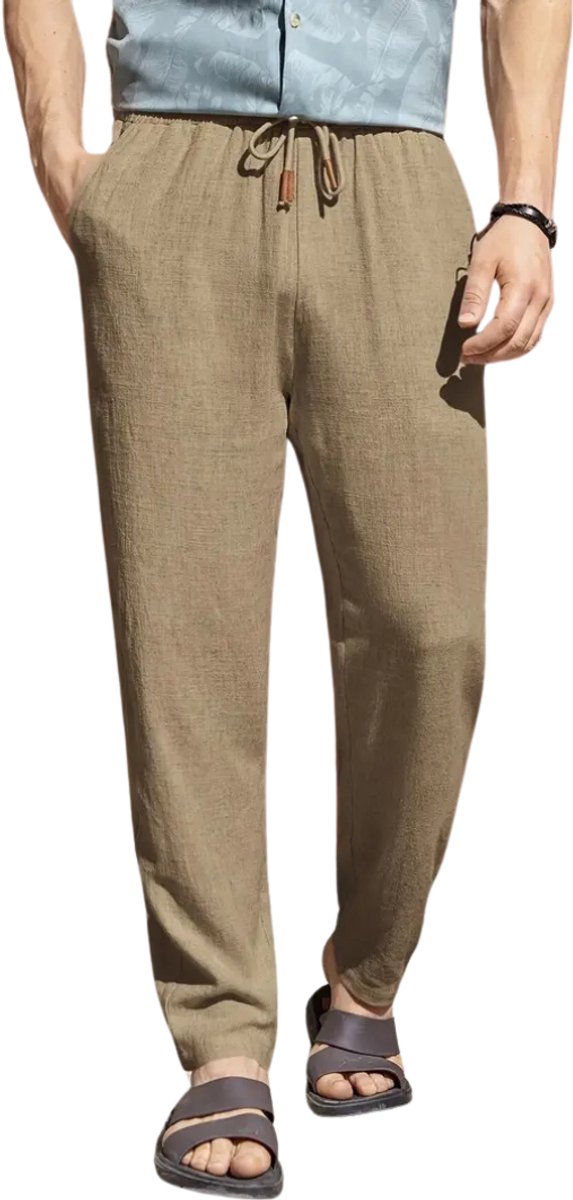 Bovista Linnen Broek Heren Zomerbroek Volwassenen Lange Broek Pantalon Strandbroek Zomer Ibiza Stijl Bruin