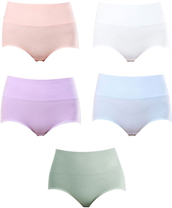 Taille Damesonderbroeken - Volledige Bedekking en Buikcontrole - Zacht Katoen -Roze+wit+groen+licht+blauw - Maat L - 5 stuks