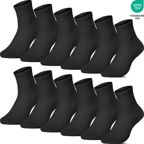 12 Paar Middelhoge Quarter Sokken Casual - Sportsokken - Wandelsokken - Katoen - Zwart - Maat 43-46 - Heren Dames Unisex - Zomersokken B-6151