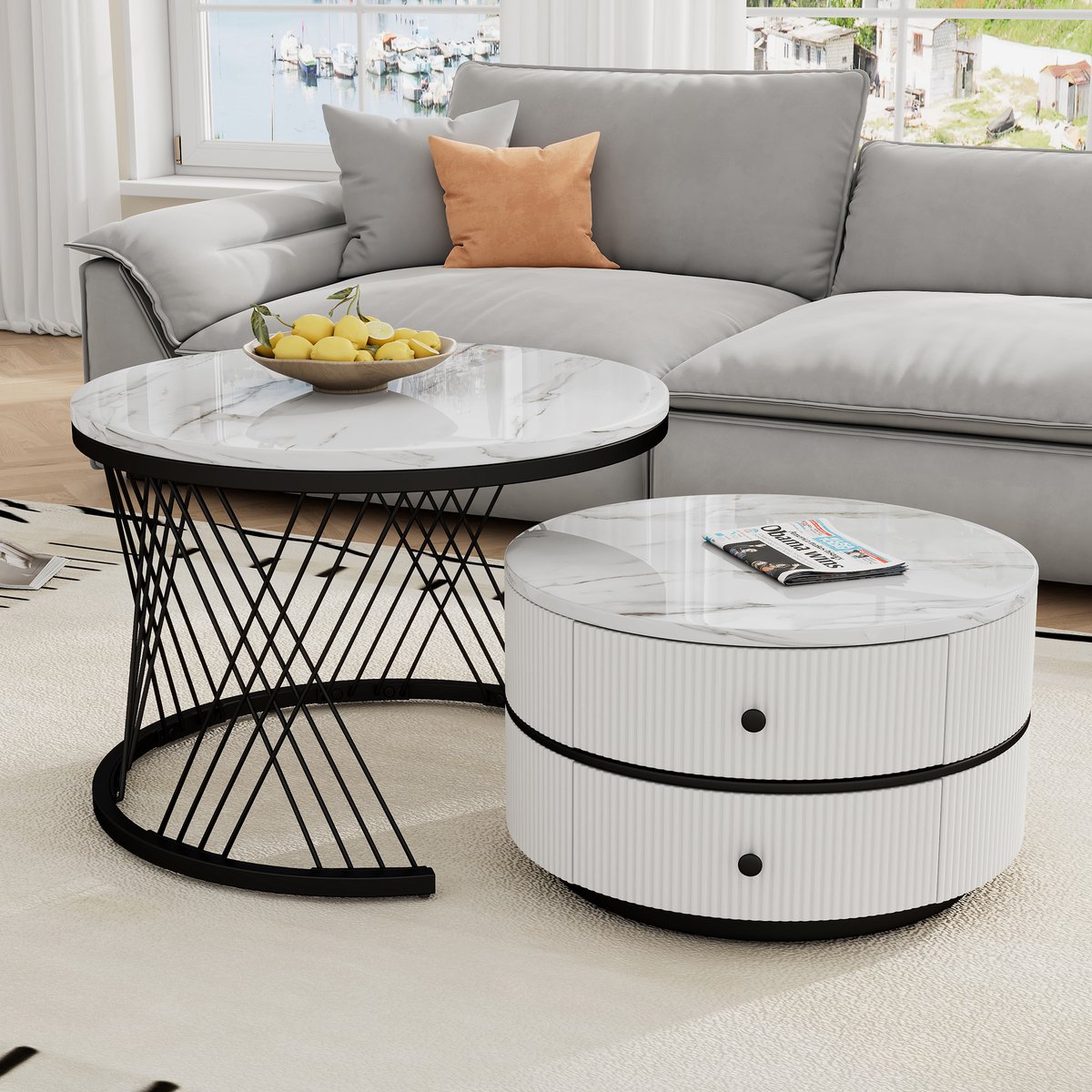 SINGULARITY Salontafel set - tweedelige set - Wit - afmetingen respectievelijk 60 x 60 x 46 cm en 50 x 50 x 31 cm - rond - 2 lades