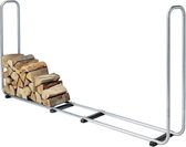 Zilverkleurig houtrek met een deel van de stapel brandhout.