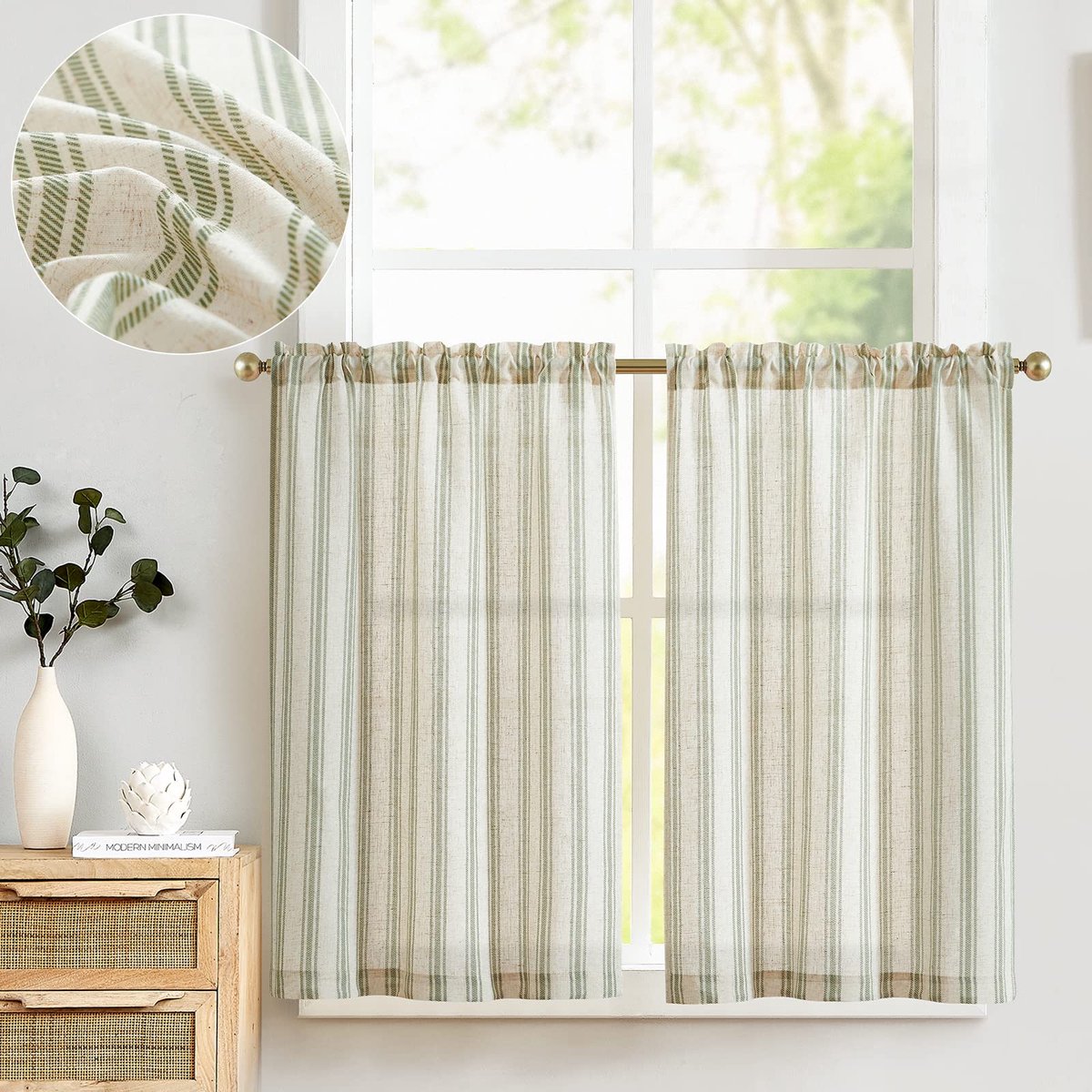 Ibenzoa Streepgordijn, semi-transparant, vitrage, privacy, raamgordijn, set van 2, 65 x 60 cm (b x h), groen op beige