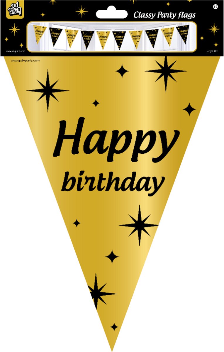 Set feestversiering | 6 ballonnen | 2 vlaggenlijnen 10 meter | thema classy Happy Birthday goud en zwart | Voordeelpakket