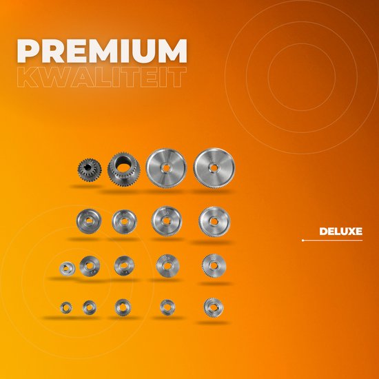 Set metalen tandwielen in verschillende maten met de tekst "PREMIUM KWALITEIT" en "DELUXE".