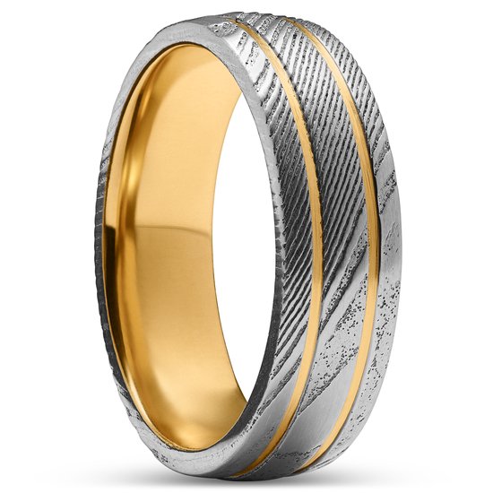 Fortis | Bague en acier Damas et en titane doré à double cannelure - 7 mm