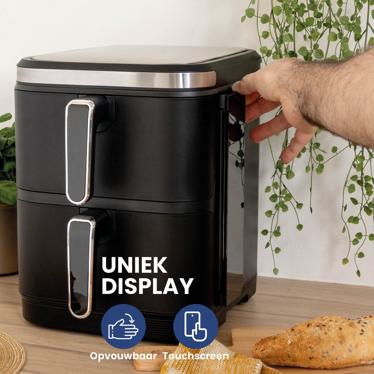 Afbeelding 3 van Nexxt Double Stacked Airfryer met 12 Kookprogramma’s – Dubbele Heteluchtfriteuse – 5,5 + 5,5 Liter – 11 Liter – Gestapeld - Opvouwbaar Display – Zwart