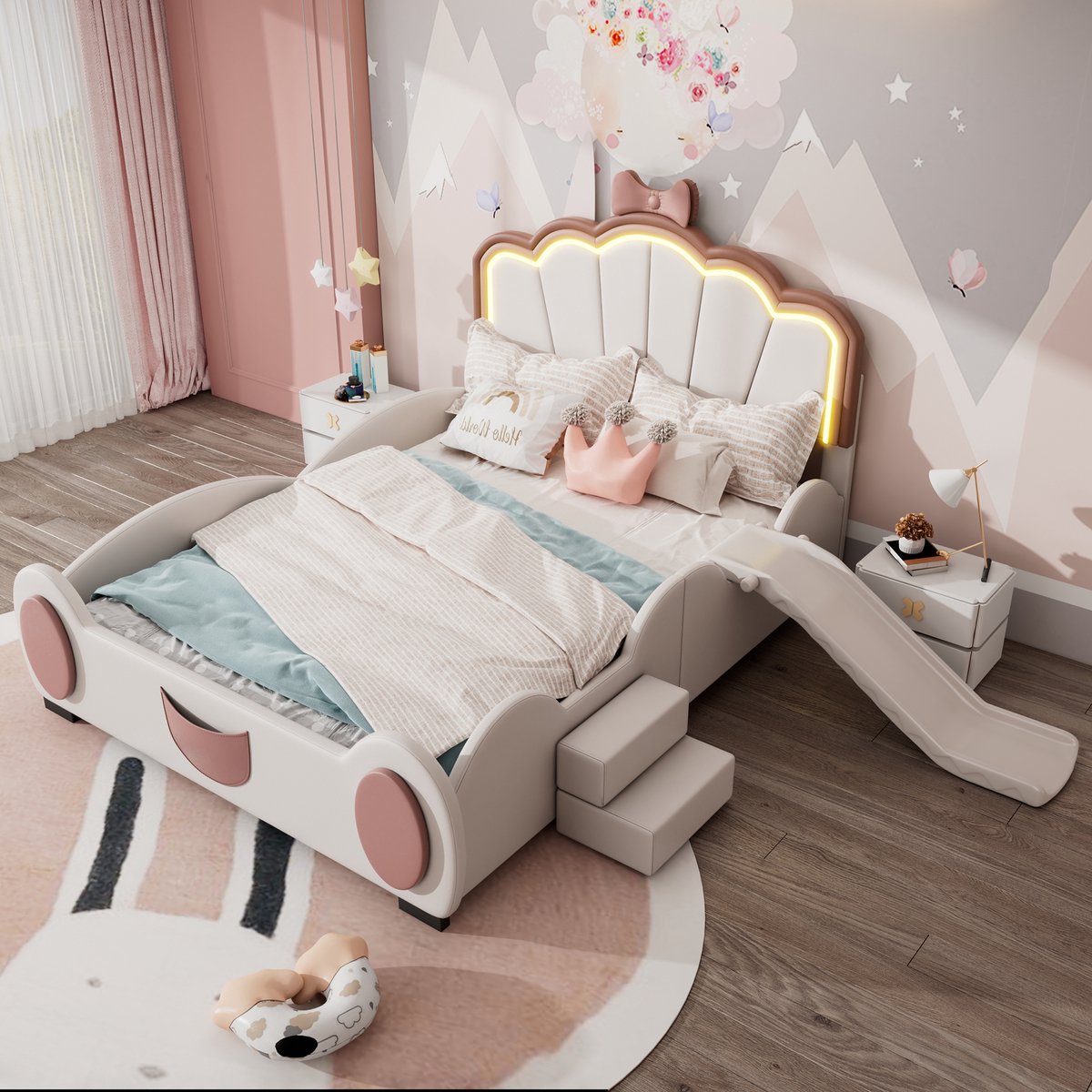 140 x 200 cm Cartoon Bed Crib Butterfly Bed LED Kleur Veranderend Licht - Afstandsbediening - PU - Roze Wit - zonder matras