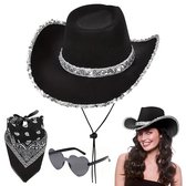 Cowboy Hoed Set - 3-delig - Zwart - Mannen & Vrouwen - Western Verkleed - Bandana & Bril - Party / Cosplay