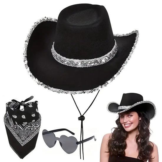 Chapeau de cowboy - 3 pièces - Noir - Homme et femme - Chapeau, bandana et lunettes - Cosplay de fête