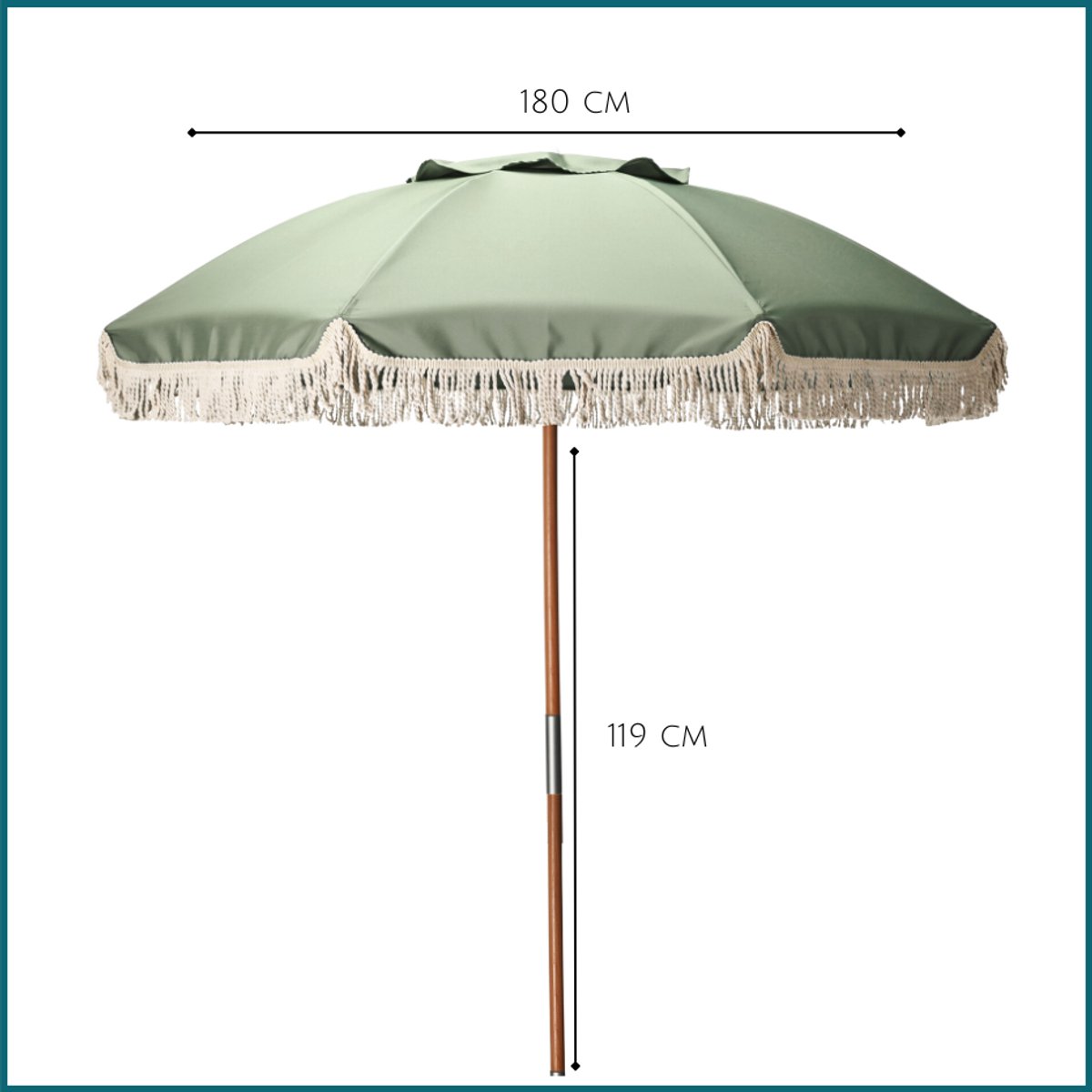 HIXA Parasol - Houten paal - Stokparasol - Groen - 180CM - Strandparasol - Tuin Accessoires - Balkon parasol - Bohemian - Ibiza - Stokdiameter 3cm - CHARLIE thumbnail 3