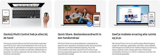 Drie afbeeldingen: Samsung laptop met muis, koppel met Quick Share, en laptop met telefoon en tablet.