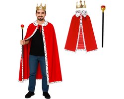 Joya Party® Koning cape/mantel met Kroon en staf voor volwassenen | Carnaval verkleedkleding | Prins Verkleed Cape | Middeleeuwen | Majesteit | Rood | Heren en Dames | One Size