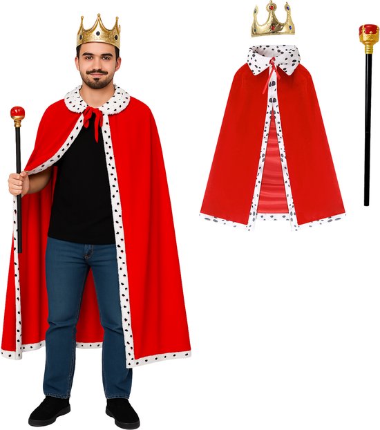 Joya Kids® Koning cape/mantel met Kroon en staf voor volwassenen | Carnaval verkleedkleding | Prins Verkleed Cape | Middeleeuwen | Majesteit | Rood | Heren en Dames | One Size