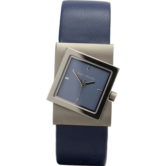 Rolf Cremer horloge met blauwe lederen band en vierkant grijs-blauw wijzerplaat met titanium kast.