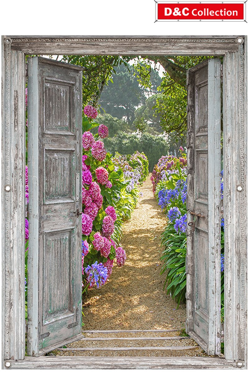 D&C Collection Doorzicht tuinposter - 130x95 cm - doorkijk - openslaande deuren - hortensia tuin zonder huis - tuindecoratie - tuindoek - balkon decoratie multi