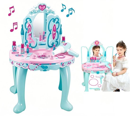 Kaptafel voor kinderen met drie spiegel - kinder kaptafel met verlichting en muziek - make up tafel voor kind-Inclusief haardroger, sieraden, Accessoireseren - make up speelgoed