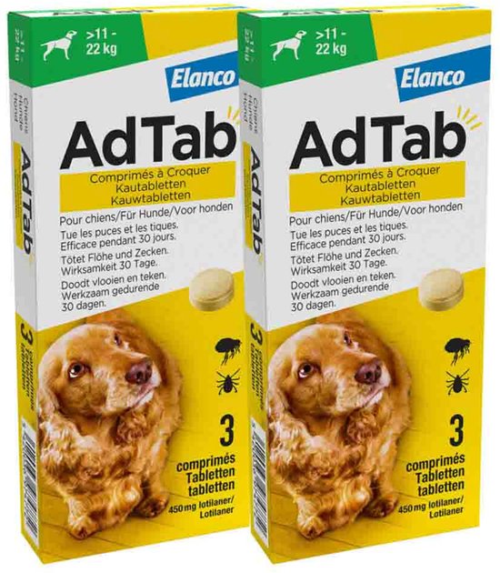 Twee verpakkingen AdTab kauwtabletten voor honden van 11-22 kg, met een afbeelding van een bruine hond.