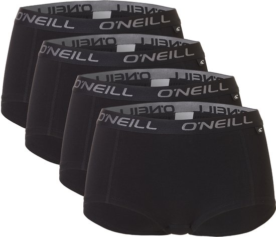 Vier zwarte O'Neill boxershorts op een rij, met grijze O'Neill opdruk op de elastische band.