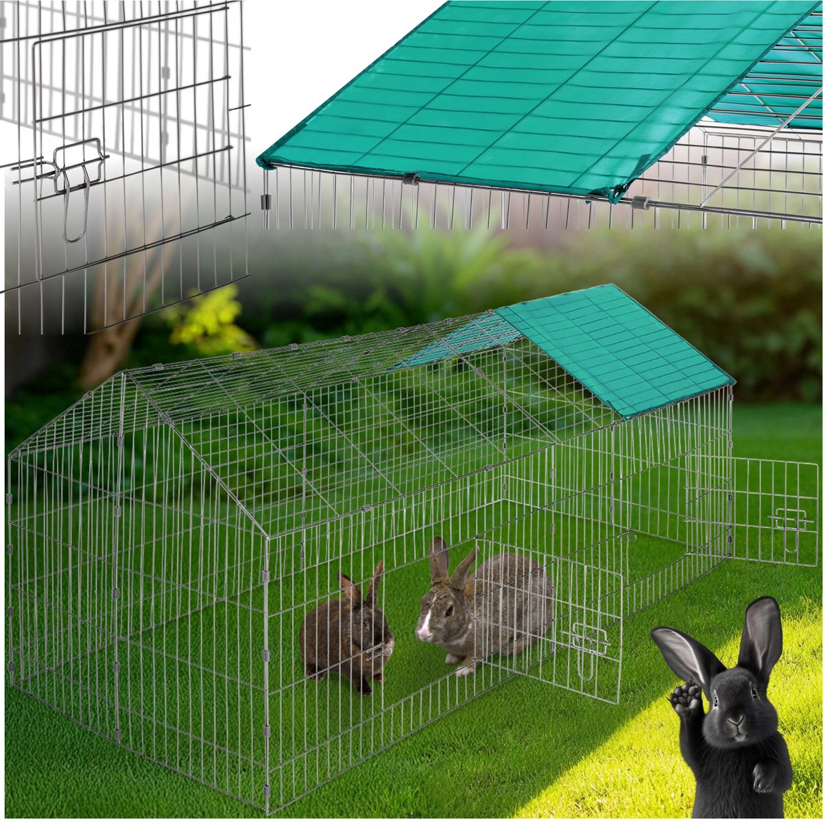 tectake® Konijnenverblijf - Konijnenren - Buitenverblijf met 2 afsluitbare deurtjes - Met zonwering - 180 x 75 x 75 cm - Snelle montage, verschillende maten mogelijk - Diverse kleuren - Groen thumbnail 8