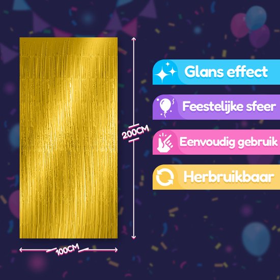 Gouden glittergordijn, 100x200cm, met tekstballonnen voor feestelijke sfeer.
