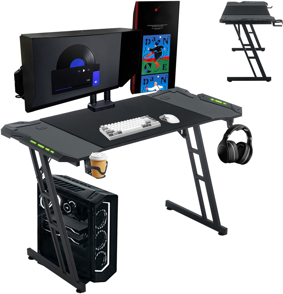 Aufun Gaming tafel 120 x 60 cm, Zit Sta Bureau met ledverlichting, Zwart